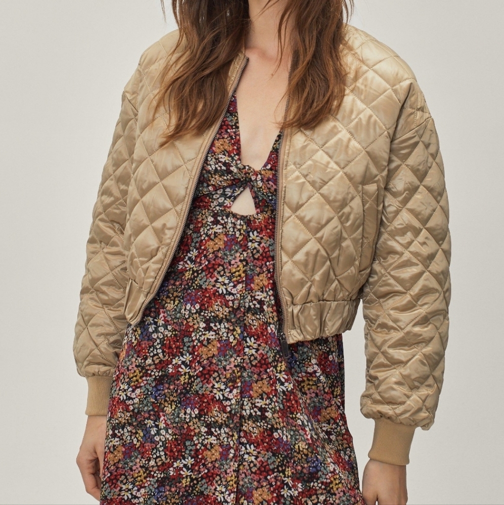 Quilted Padded Bomber Jacket Beige